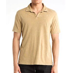 John Varvatos Men's Bodhi Peace Sign Polo Marble Wash Open Collar Shirt Camel